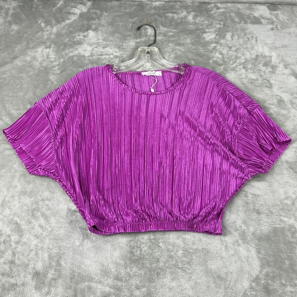 Anel Purple Pleated Crop Top Dolman Short Sleeve Elastic Hem Made in Europe S